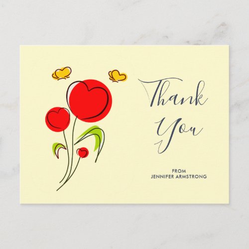 Cute Red Heart Flowers Illustration Thank You Postcard