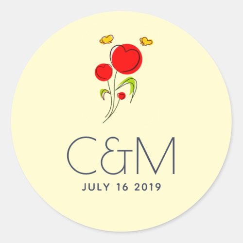 Cute Red Heart Flowers Illustration Wedding Classic Round Sticker