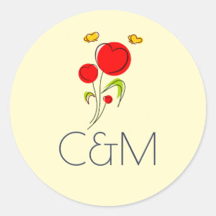 Cute Red Heart Flowers Illustration Wedding Classic Round Sticker