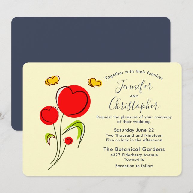 Cute Red Heart Flowers Illustration Wedding Invitation (Front/Back)