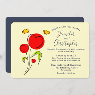 Cute Red Heart Flowers Illustration Wedding Invitation