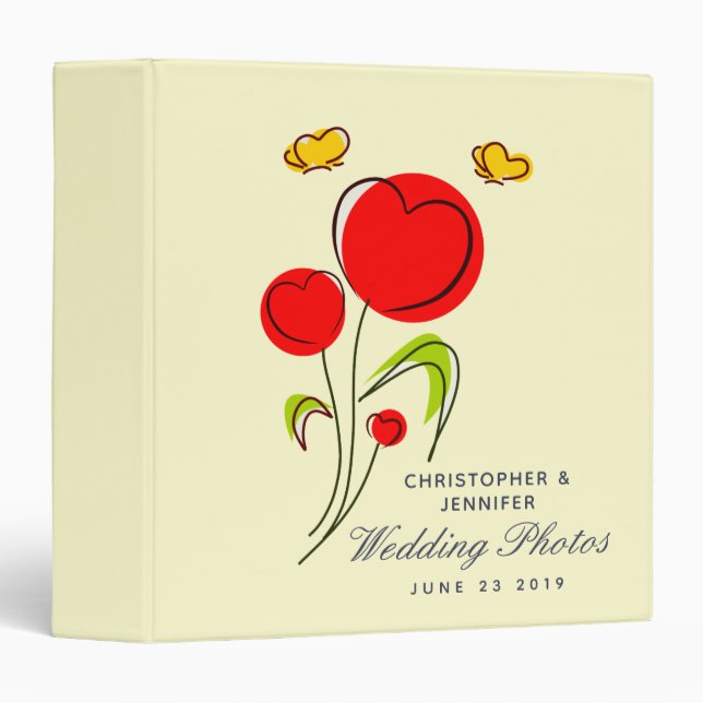 Cute Red Heart Flowers Illustration Wedding Photos 3 Ring Binder (Front/Spine)