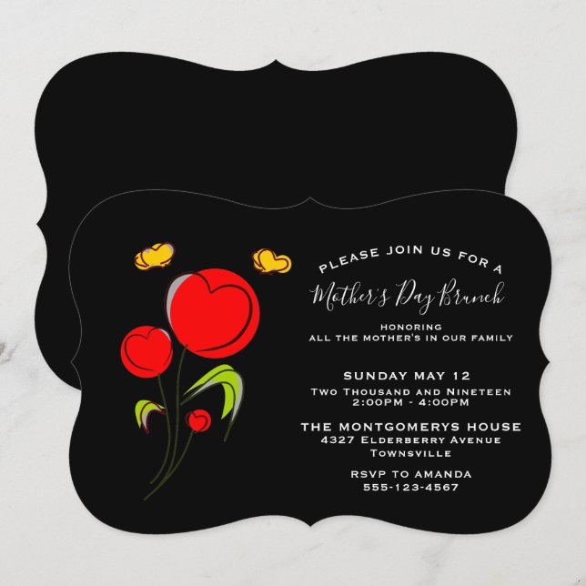 Cute Red Heart Flowers Mother's Day Brunch Invitation (Front/Back)