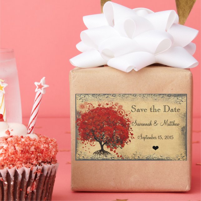 Cute Red Heart Leaf Tree Weddings Rectangular Sticker (Party)