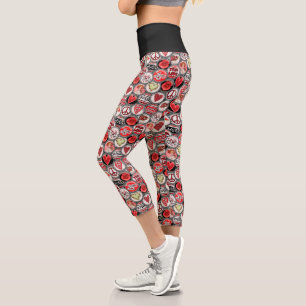 Cute Red Heart Love Peace Bottle Caps Pattern Capri Leggings