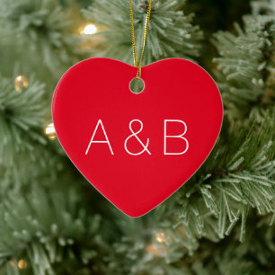 Cute red heart minimalist couple monogram initials ceramic ornament