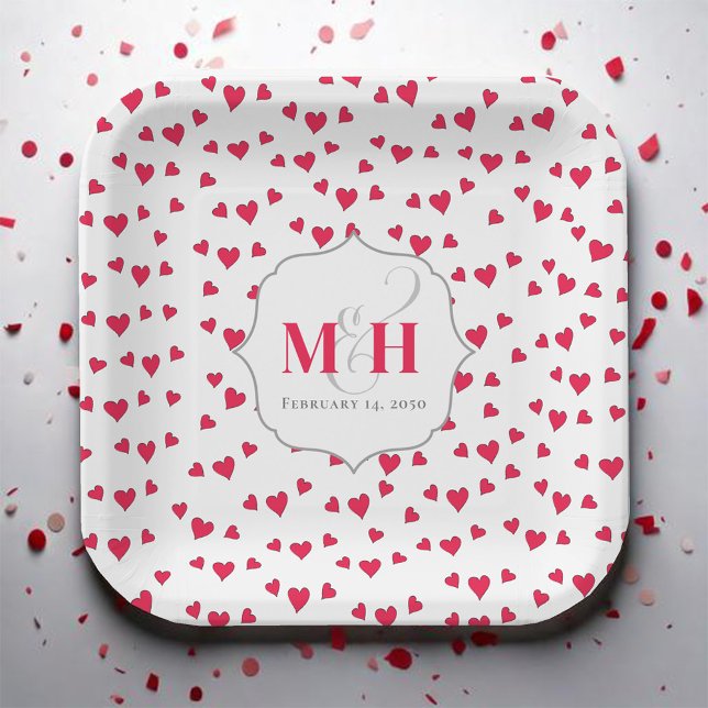 Cute Red Heart Monogram Custom Paper Plates (Pink heart pattern custom monogram paper plate)