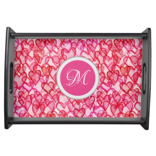 Cute red heart pattern monogram serving tray