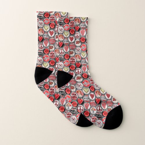 Cute Red Heart Peace Sign Love Valentine Pattern Socks