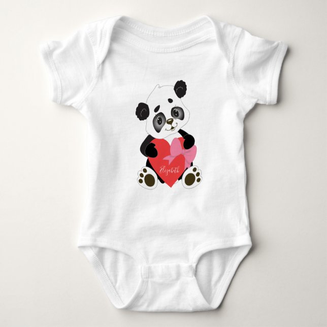 Cute Red Heart Valentine Panda Baby Bodysuit (Front)