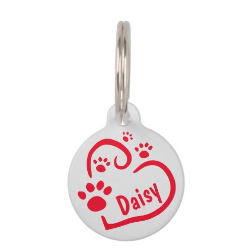 Cute Red Heart with Paw Prints and Pet Name Custom Pet ID Tag