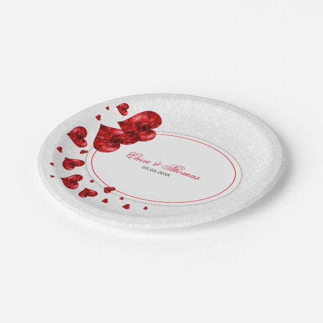 Cute Red Hearts And White Damask Paper Plates (Angled)