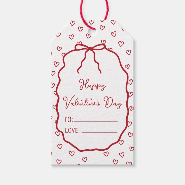 Cute Red Hearts & Bow Custom Valentine's Day Gift Tags (Front)