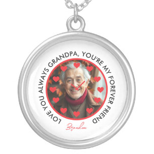 Cute Red Hearts Clock Love Grandparents Photo Silver Plated Necklace