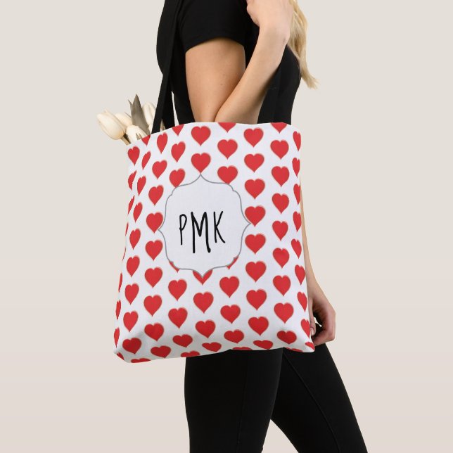 Cute Red Hearts Monogram Personalized Tote Bag (Close Up)