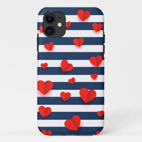 Cute Red Hearts On a Blue Stripes Pattern iPhone 11 Case