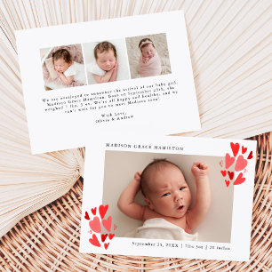 Cute Red Hearts Photo Birth Announcement
