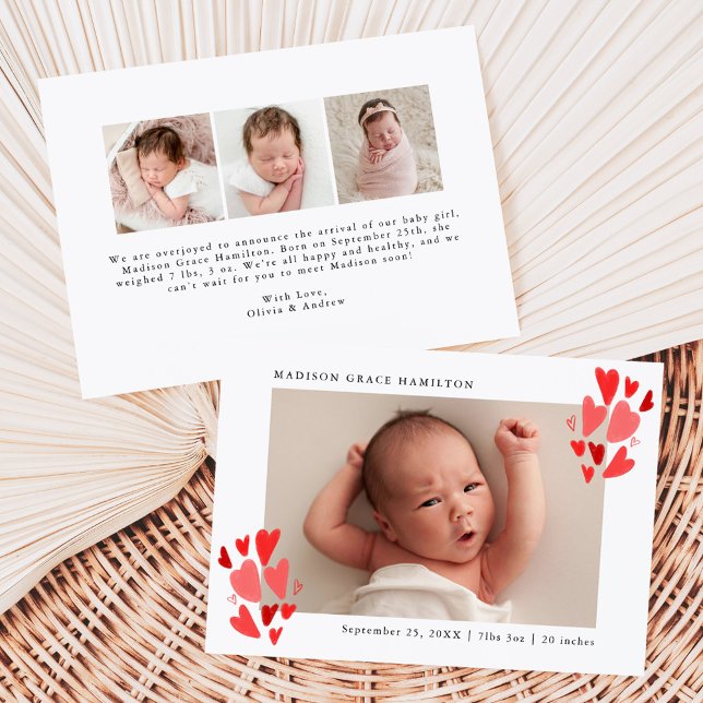 Cute Red Hearts Photo Birth Announcement (Creator Uploaded)