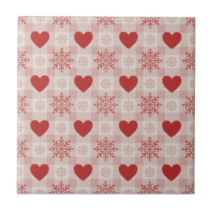 Cute Red Hearts Pink Snowflake Plaid Pattern Ceramic Tile
