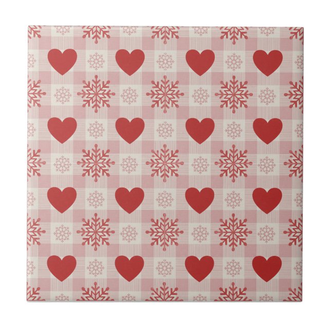 Cute Red Hearts Pink Snowflake Plaid Pattern Ceramic Tile (Front)