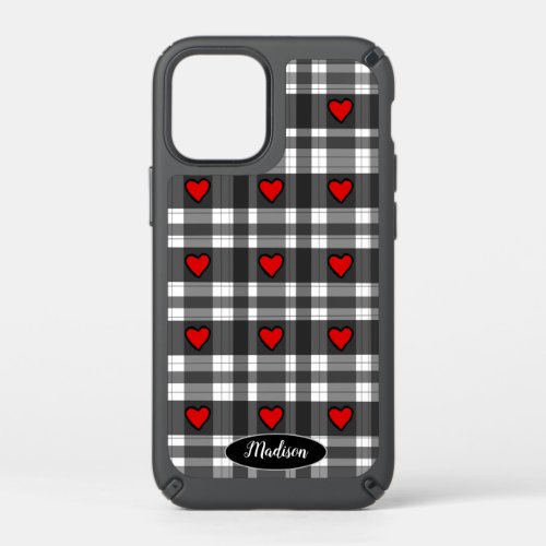 Cute red hearts plaid background monogram design speck iPhone 12 mini case