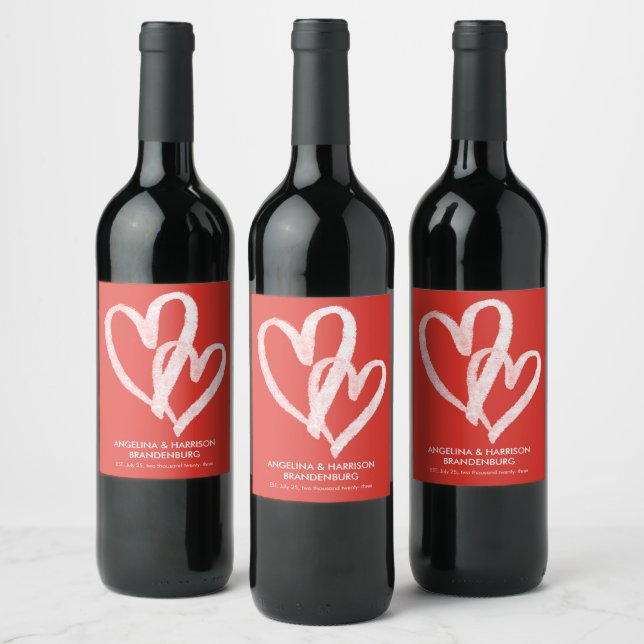 Cute Red Hearts Valentines Couples  Wine Label (Bottles)