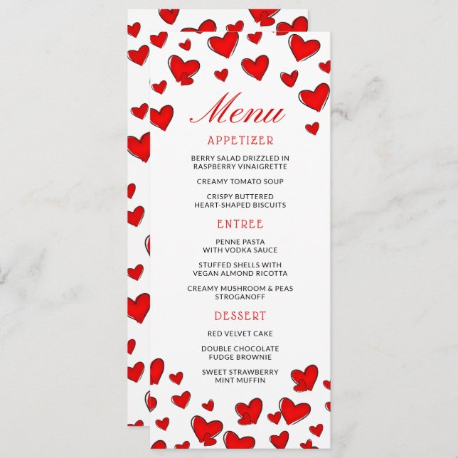 Cute Red Hearts Valentines Day Menu (Front/Back)