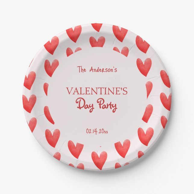 Cute Red Hearts Valentine's Day Party Paper Plates (Front)