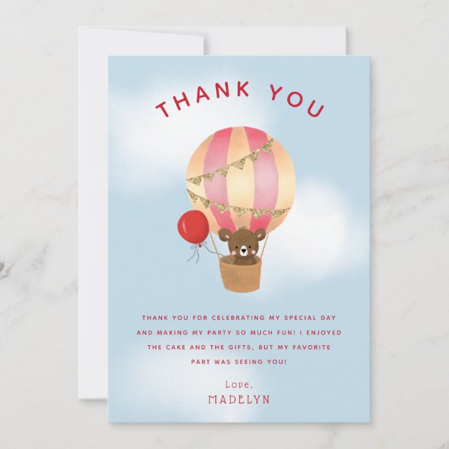Cute Red Hot Air Balloon Kids Birthday Thank You Card (Front)