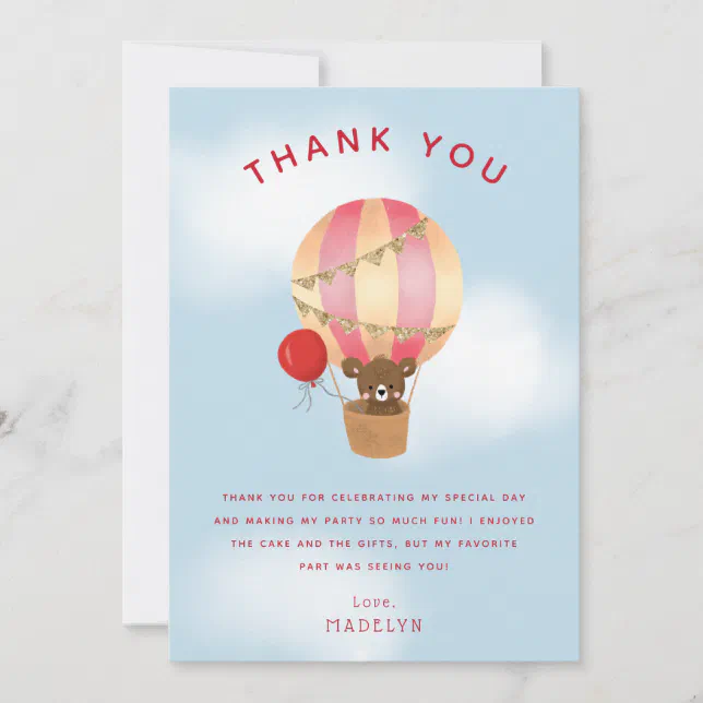 Cute Red Hot Air Balloon Kids Birthday Thank You Card | Zazzle