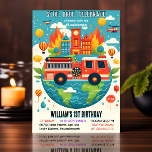 Cute Red Hot Fire Truck Engine Safety 1st birthday Invitation