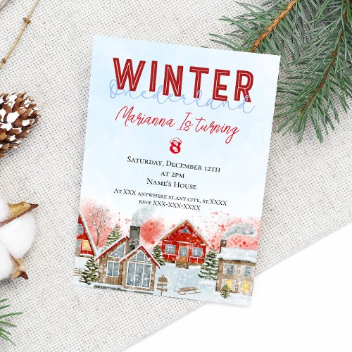 Cute Red House Snow Christmas Birthday Party   Invitation