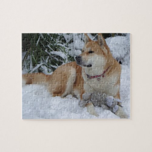 Cute red japanese akita in snow with grey mouse jigsaw puzzle