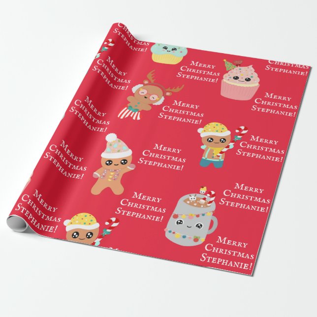 Cute Red Kawaii Christmas Food Kids Add Name Wrapping Paper (Unrolled)