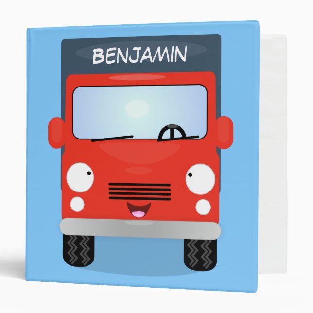 Cute red kawaii truck cartoon illustration 3 ring binder (Front/Inside)
