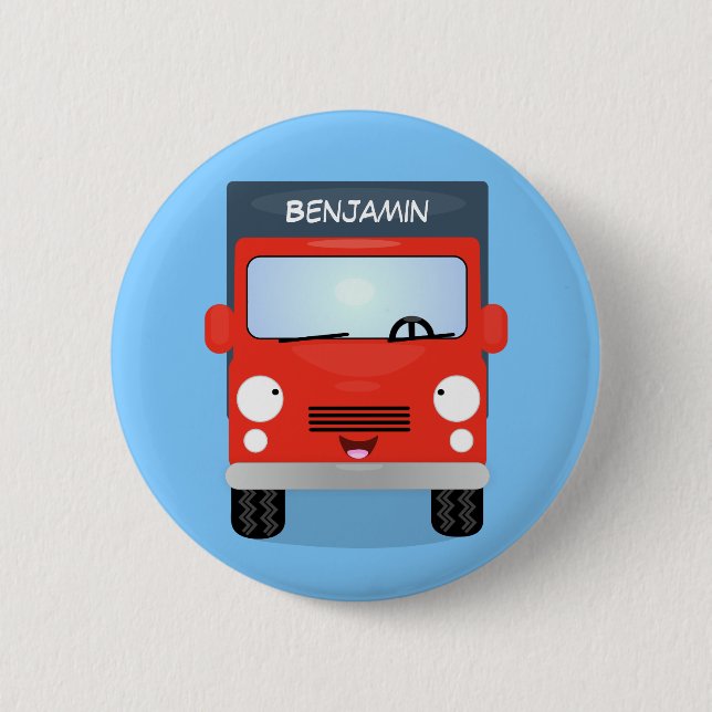 Cute red kawaii truck cartoon illustration button (Front)