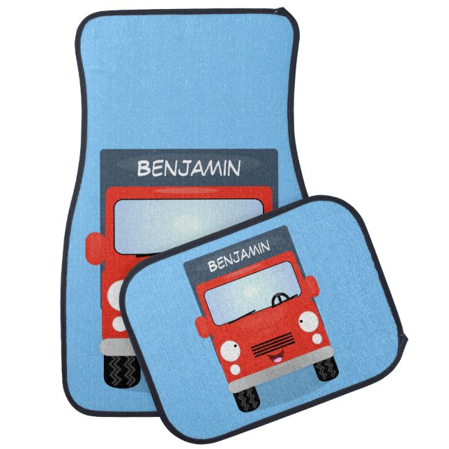 Cute red kawaii truck cartoon illustration car floor mat (Set)