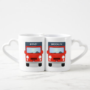 Cute red kawaii truck cartoon illustration coffee mug set