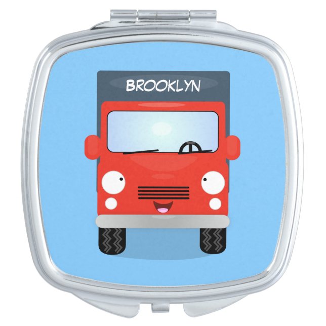 Cute red kawaii truck cartoon illustration compact mirror (Front)