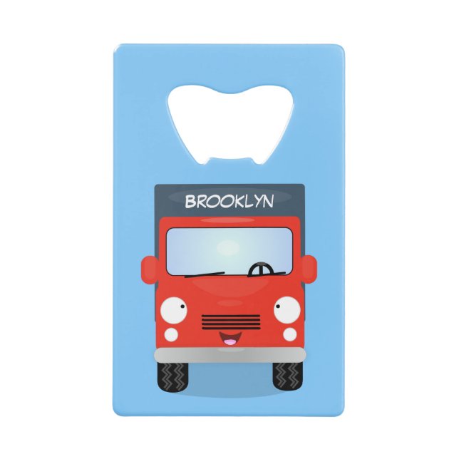 Cute red kawaii truck cartoon illustration credit card bottle opener (Front)