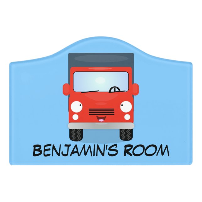 Cute red kawaii truck cartoon illustration door sign (Small Crest Front)