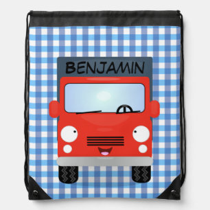 Cute red kawaii truck cartoon illustration drawstring bag