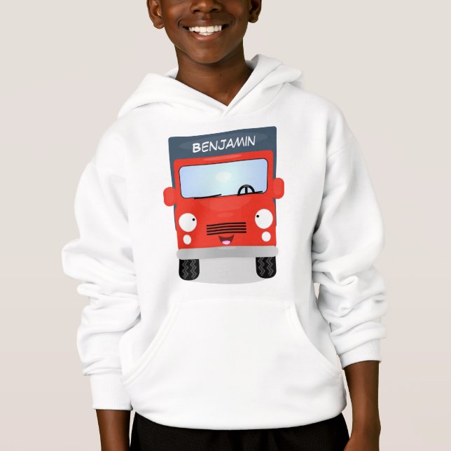 Cute red kawaii truck cartoon illustration hoodie (Front)