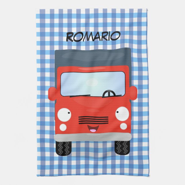 Cute red kawaii truck cartoon illustration kitchen towel (Vertical)