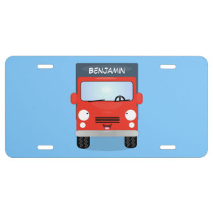 Cute red kawaii truck cartoon illustration license plate