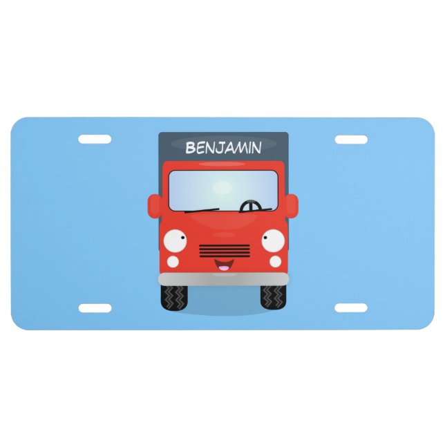 Cute red kawaii truck cartoon illustration  license plate (Front)