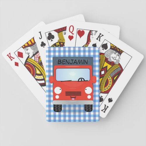Cute red kawaii truck cartoon illustration playing cards