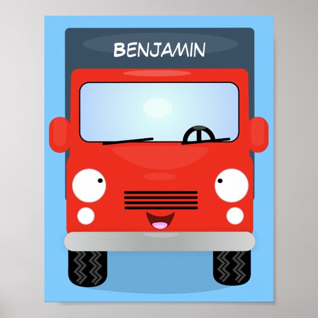 Cute red kawaii truck cartoon illustration poster (Front)
