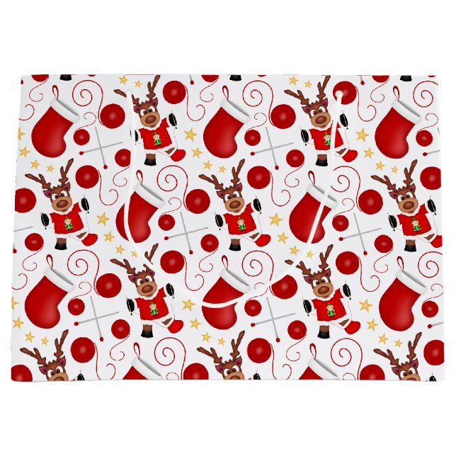 Cute Red Kids Christmas Reindeer Large Gift Bag (Front)