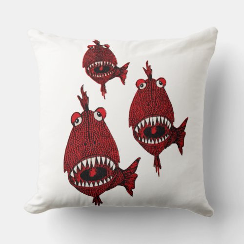 Cute Red Killer Piranhas Fishes attack teeth Ocean Throw Pillow